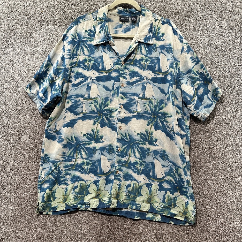 Cherokee Hawaiian Camp Shirt Men XL Blue Floral 100% Silk Tropical‎ Beach Cruise